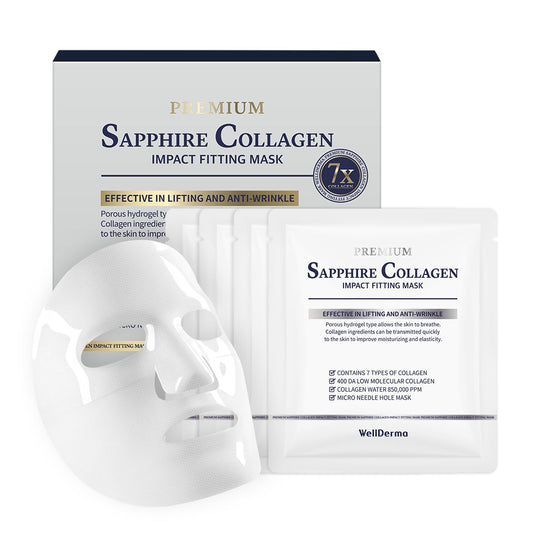 Wellderma Sapphire Collagen Mask packaging showcases premium hydration care.