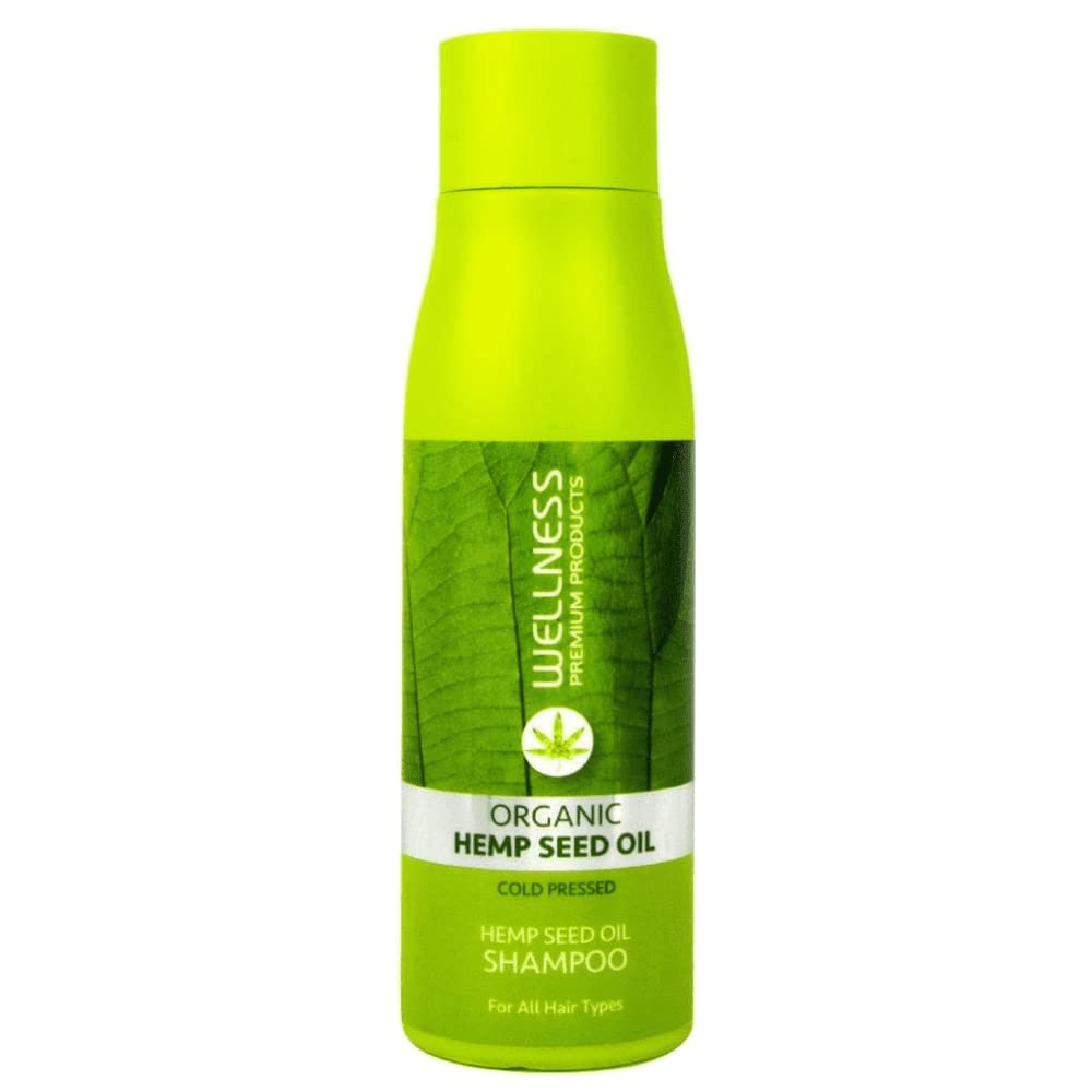 Wellness Premium Organic Hemp Shampoo bottle promotes shine and healthy-looking hair