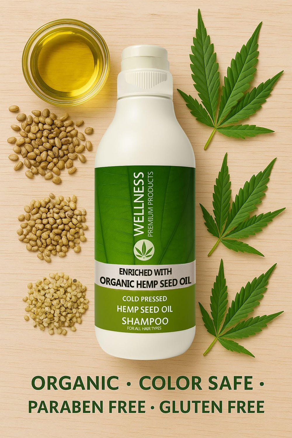 Wellness Premium Organic Hemp Shampoo foam on hair showing rich lather and moisture.