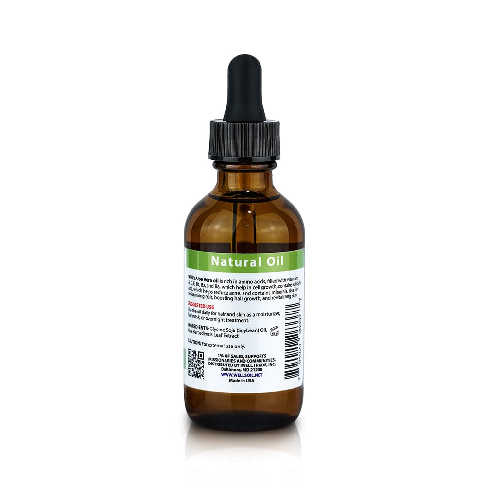 Well's Oil Aloe Vera Oil packaging in 2 oz size ready for travel