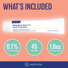 Bathroom counter with WELMATE Adapalene Gel beside skincare routine products for daily use.
