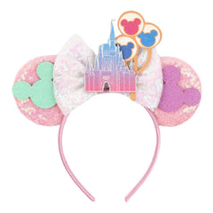 WelyHM glitter sequin mouse ears headband with castle balloon fireworks pattern for magical park moments