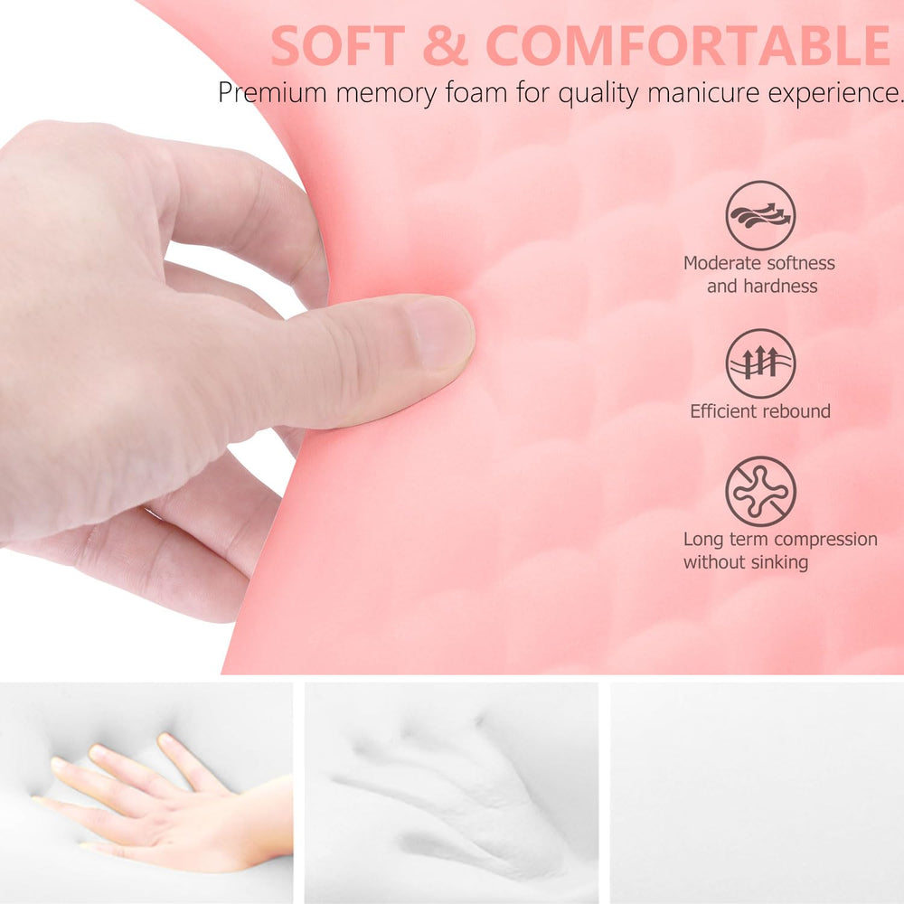 Wenxintek U-shaped nail arm rest in pink supports ergonomic positioning for easier work.