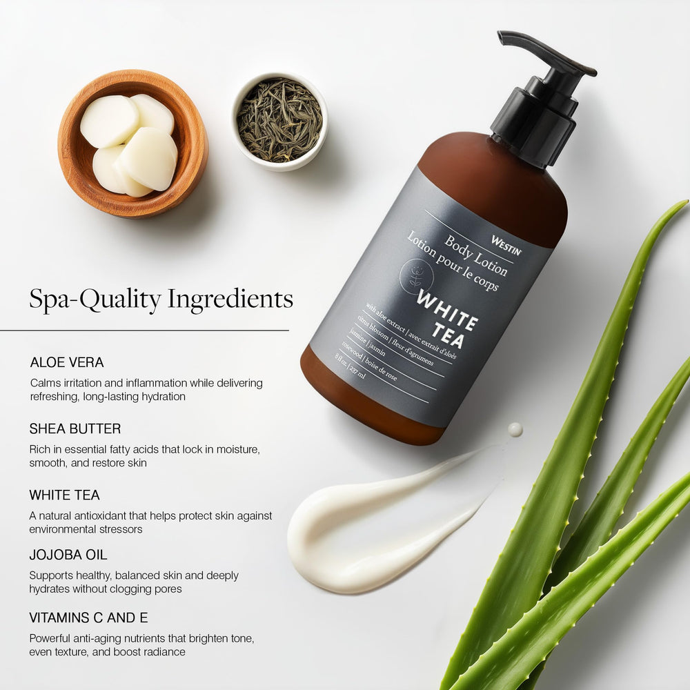 Westin White Tea Aloe pump bottle dispensing lotion for quick post-shower hydration