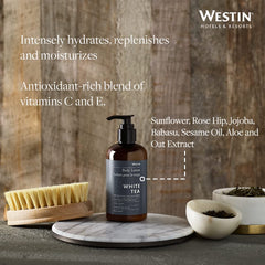 Westin White Tea Aloe lotion in a spa-like bathroom setting for home luxury