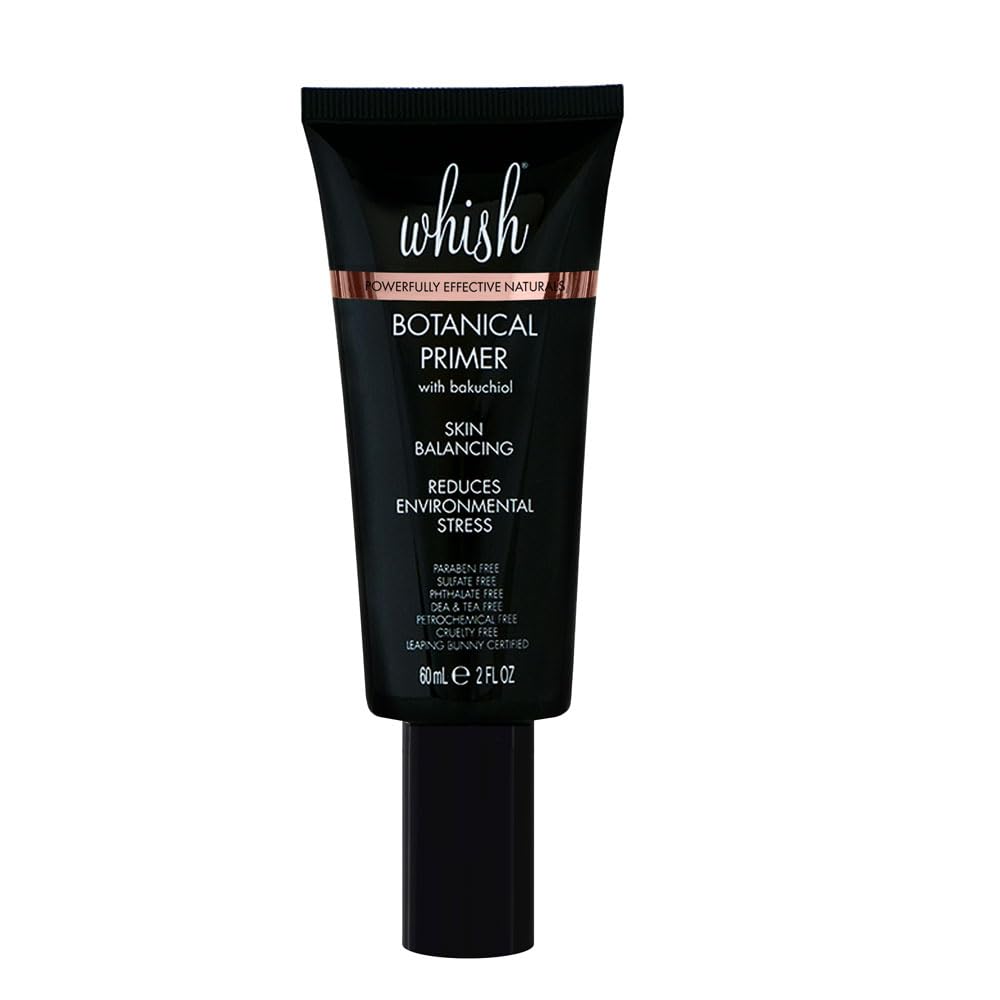 Whish Bakuchiol Primer bottle pouring, pore-blurring makeup prep.