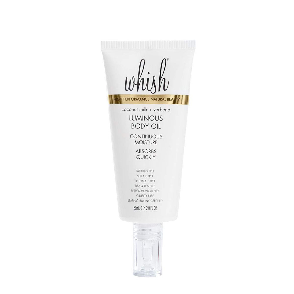Whish Coconut Milk + Verbena Body Oil bottle close-up for radiant hydration