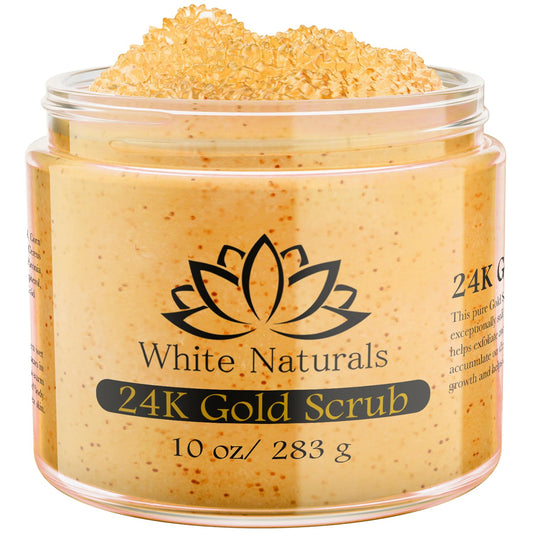 White Naturals 24K Gold Scrub bottle shown for luxurious at-home exfoliation.