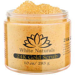 White Naturals 24K Gold Scrub bottle shown for luxurious at-home exfoliation.