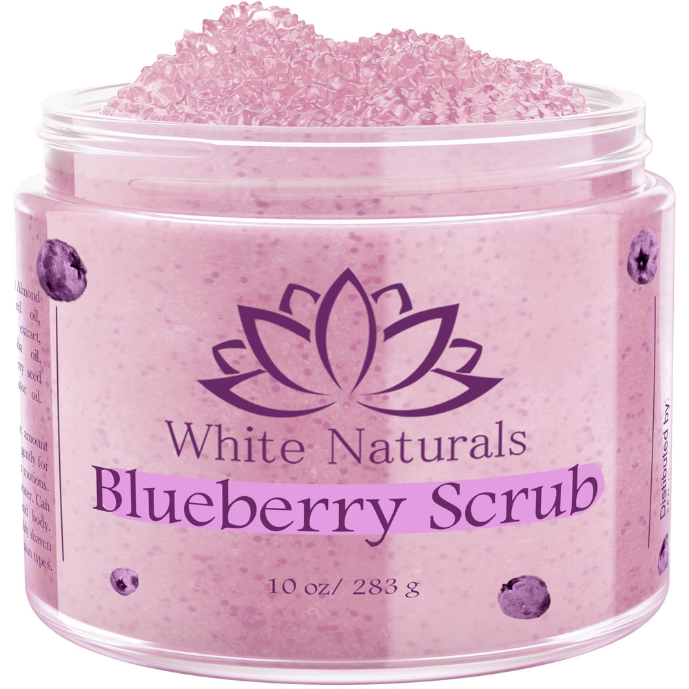 White Naturals Blueberry Scrub bottle ready for gentle exfoliation on skin.