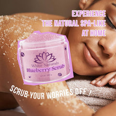 White Naturals Blueberry Scrub being poured for hydrating exfoliation.