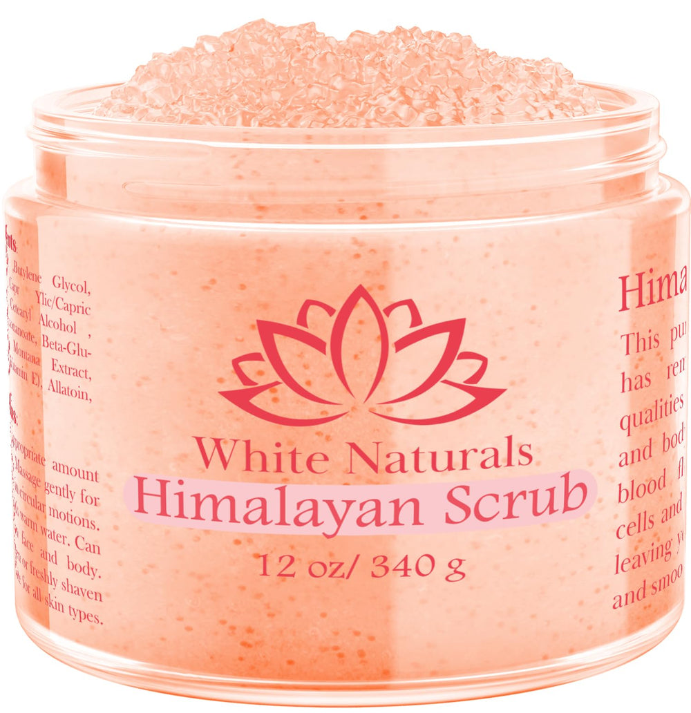 White Naturals Himalayan Salt Body Scrub jar close-up with pink texture for exfoliation