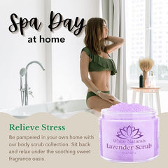 Spa-like bathroom setup featuring White Naturals Lavender Oil Body Scrub.
