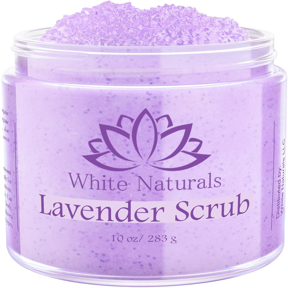 White Naturals Lavender Oil Body Scrub jar closeup for smooth skin.