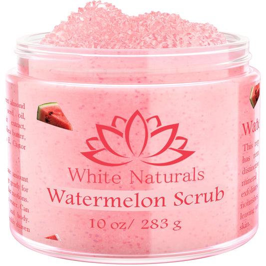 White Naturals Pink Watermelon Scrub bottle for gentle at-home exfoliation and hydration.