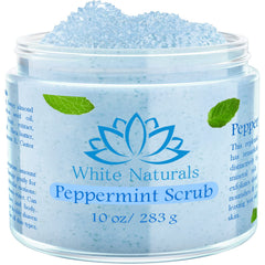 White Naturals Pure Peppermint Scrub jar front showing branding and gentle exfoliation benefits.