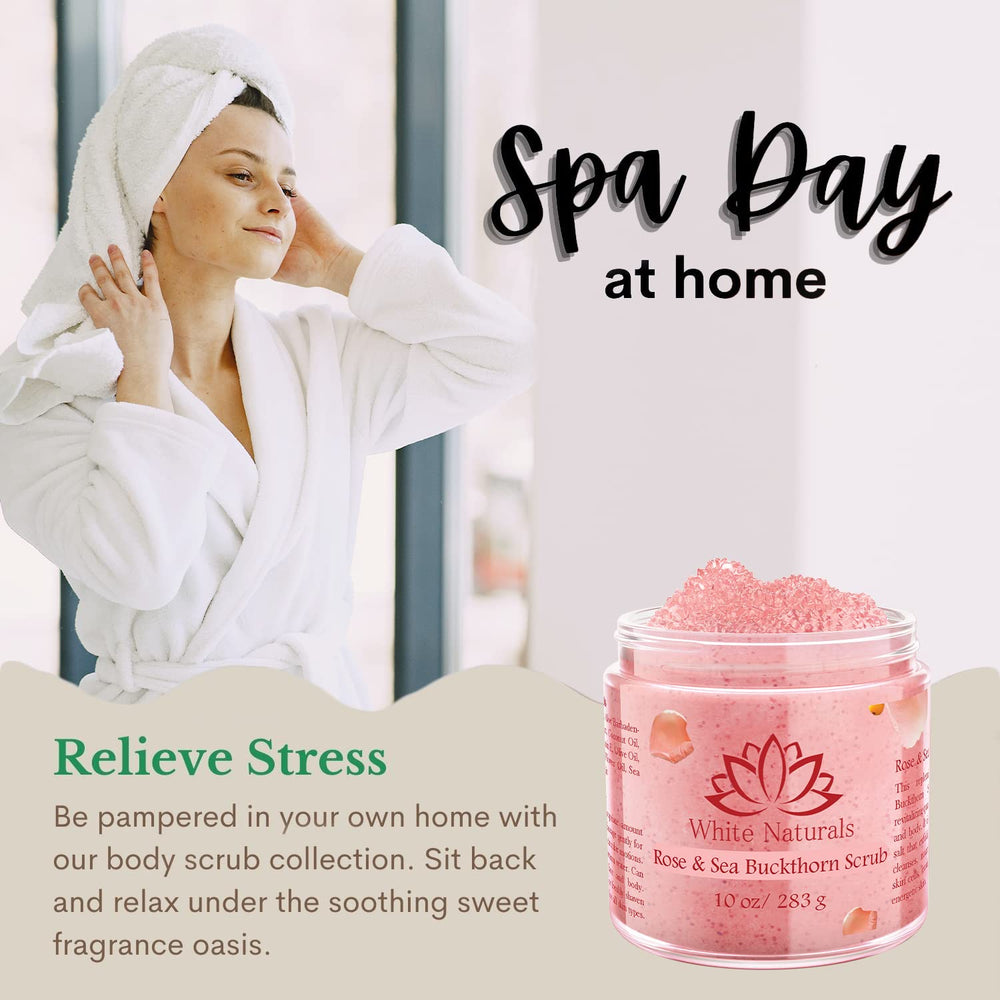 Rose flower oil droplets visible in White Naturals scrub formula