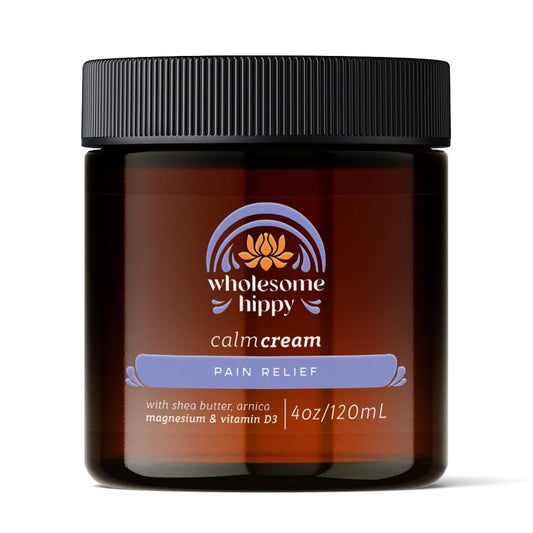 WHOLESOME HIPPY Magnesium Calm Cream jar closeup, silky texture for tired skin.