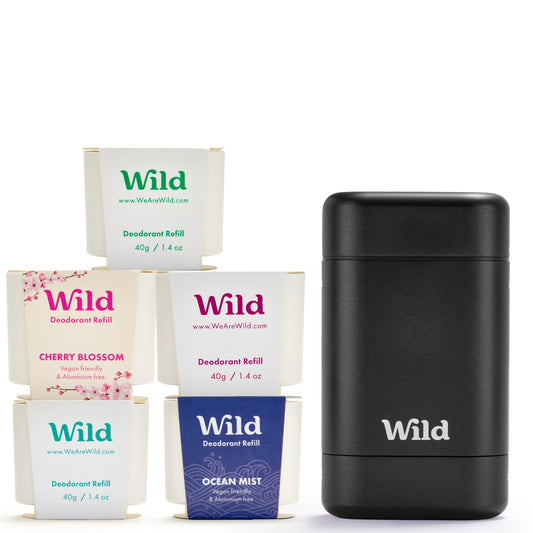 Wild The Full Monty starter kit in a black case for sustainable, refillable deodorant on the go.
