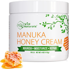 Wild Naturals Manuka Honey Moisturizer jar closeup showing rich hydration for dry skin