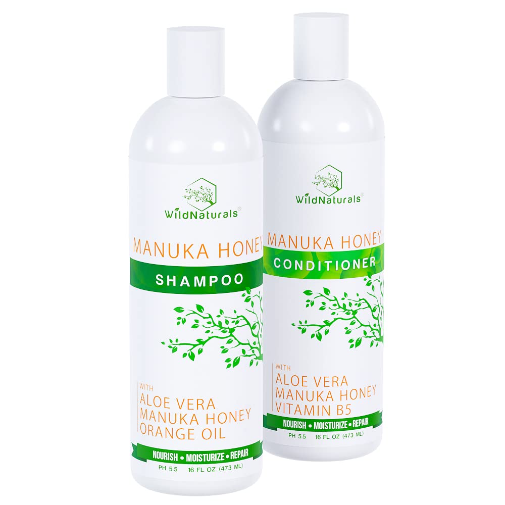 Wild Naturals Manuka Honey Shampoo bottle pour, gentle cleansing for the scalp.