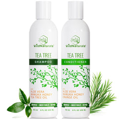 Wild Naturals Tea Tree Shampoo bottle demonstrating gentle cleansing for the scalp