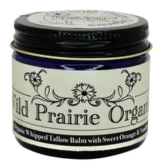 Wild Prairie Organics whipped tallow balm jar with Sweet Orange & Vanilla for daily hydration.