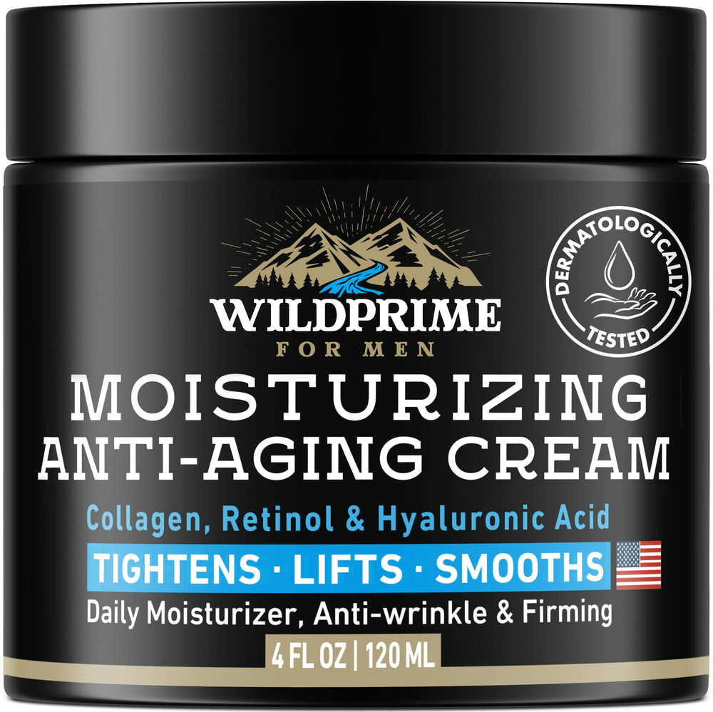 WildPRIME men's face moisturizer bottle closeup showing premium packaging and daily hydration benefits