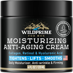 WildPRIME men's face moisturizer bottle closeup showing premium packaging and daily hydration benefits