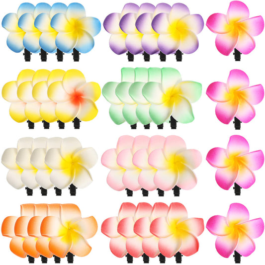 WILLBOND Hawaiian plumeria clip closeup with lightweight foam flower for beach styling.