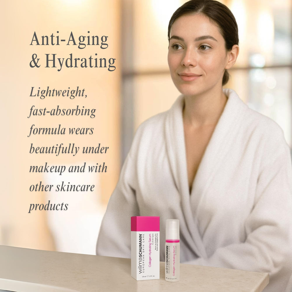 Wilma Schumann Collagen Hydrating Serum on skin showcases bright, refreshed complexion.