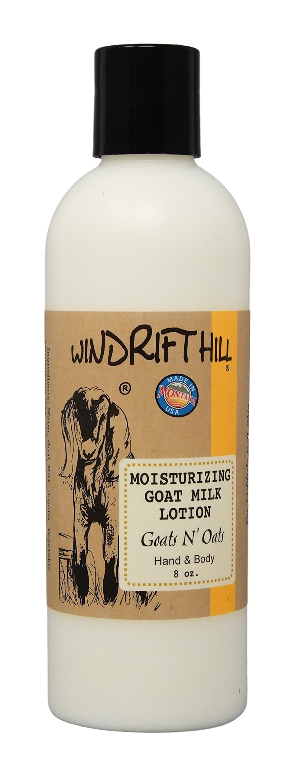 Windrift Hill Goats N' Oats Almond lotion bottle delivering silky hydration and quick absorption.
