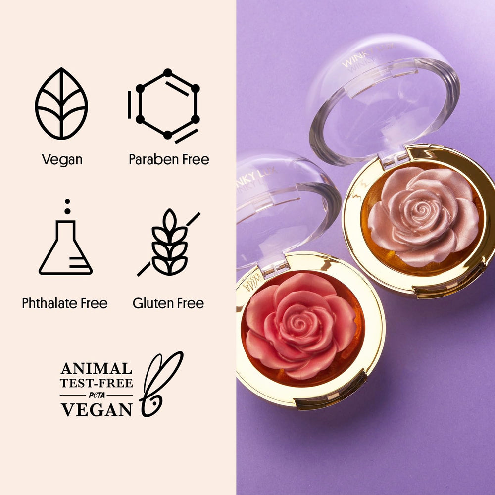 Winky Lux Cheeky Rose Highlighter shown on shelf with packaging and glow