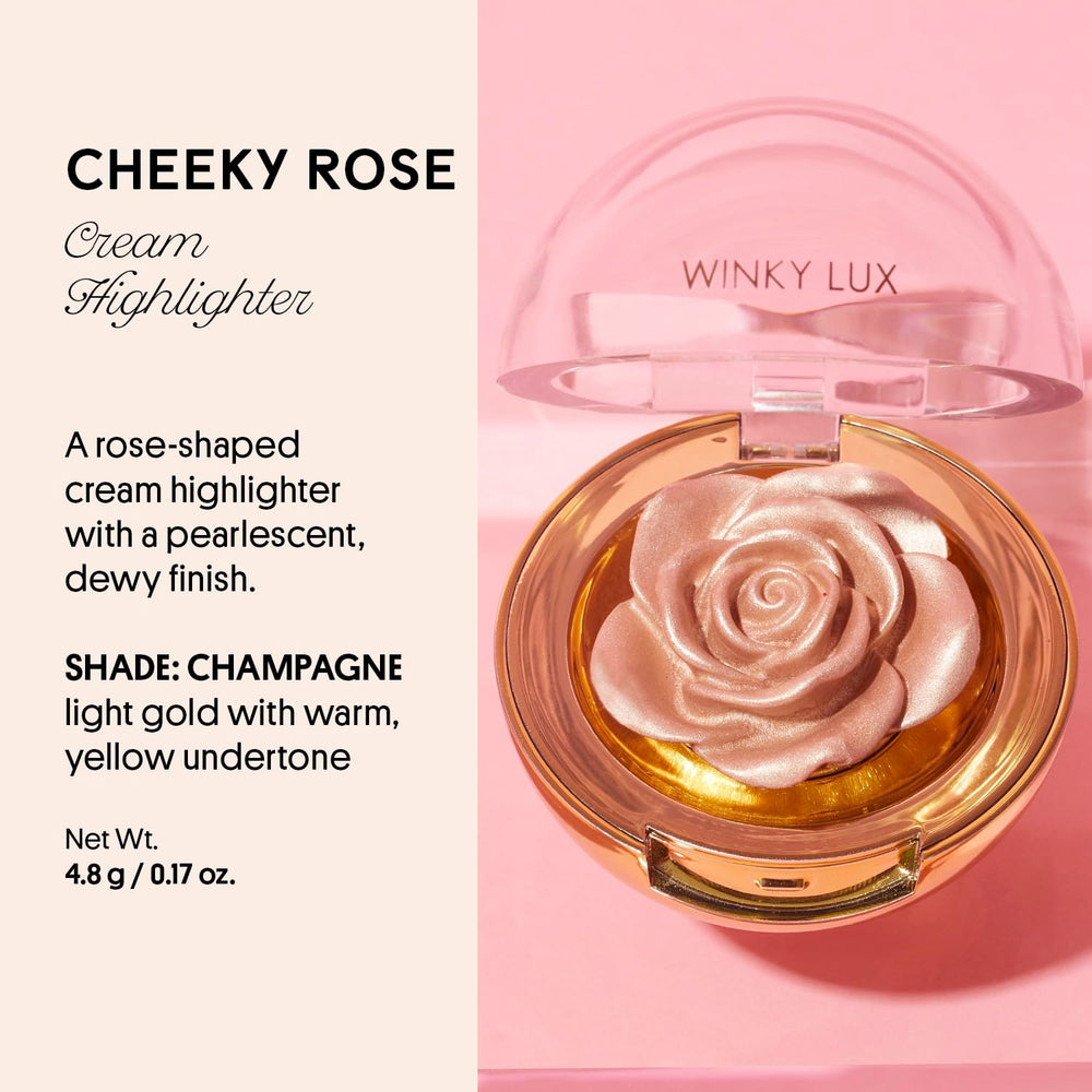 Winky Lux Cheeky Rose Highlighter delivers pearlescent glow on cheekbones and brow bones