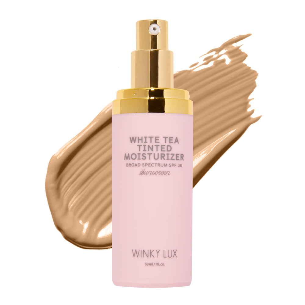 Winky Lux White Tea Tinted Moisturizer SPF 30 bottle showing lightweight protection for daily wear