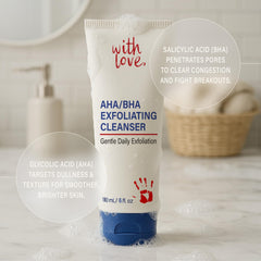 With Love AHA/BHA exfoliant closeup shows gentle beads for acne-prone skin.