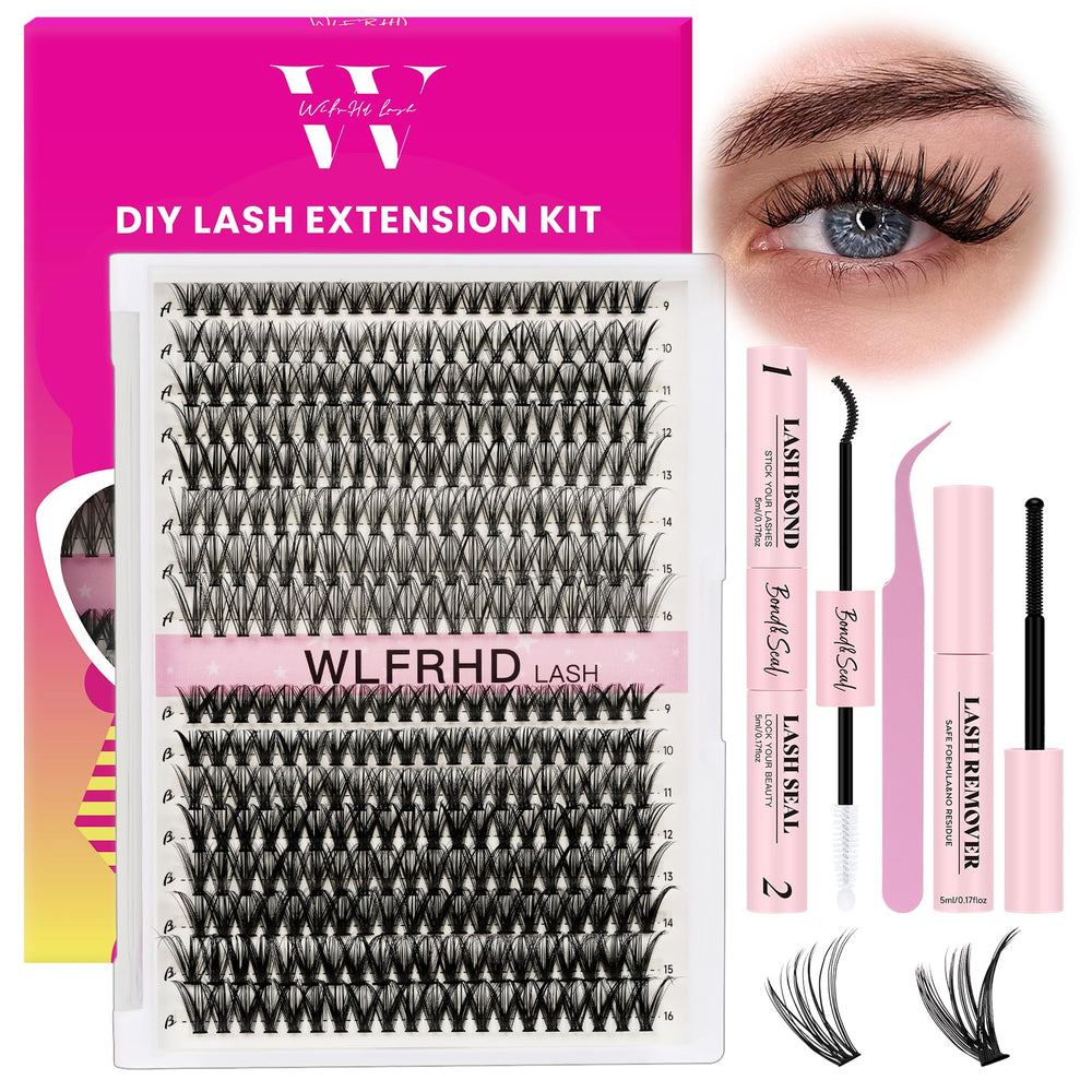 WLFRHD lash clusters kit 320 pcs with D curl clusters for quick at-home lash volume.