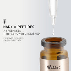 Close-up of Wollet NAD+ peptide serum bottle highlighting potent formulation.