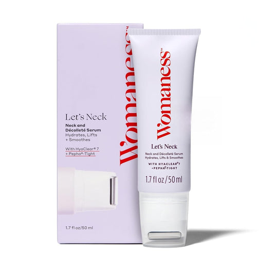 Womaness Let’s Neck Serum bottle shows a lightweight tightening formula for the neck area.