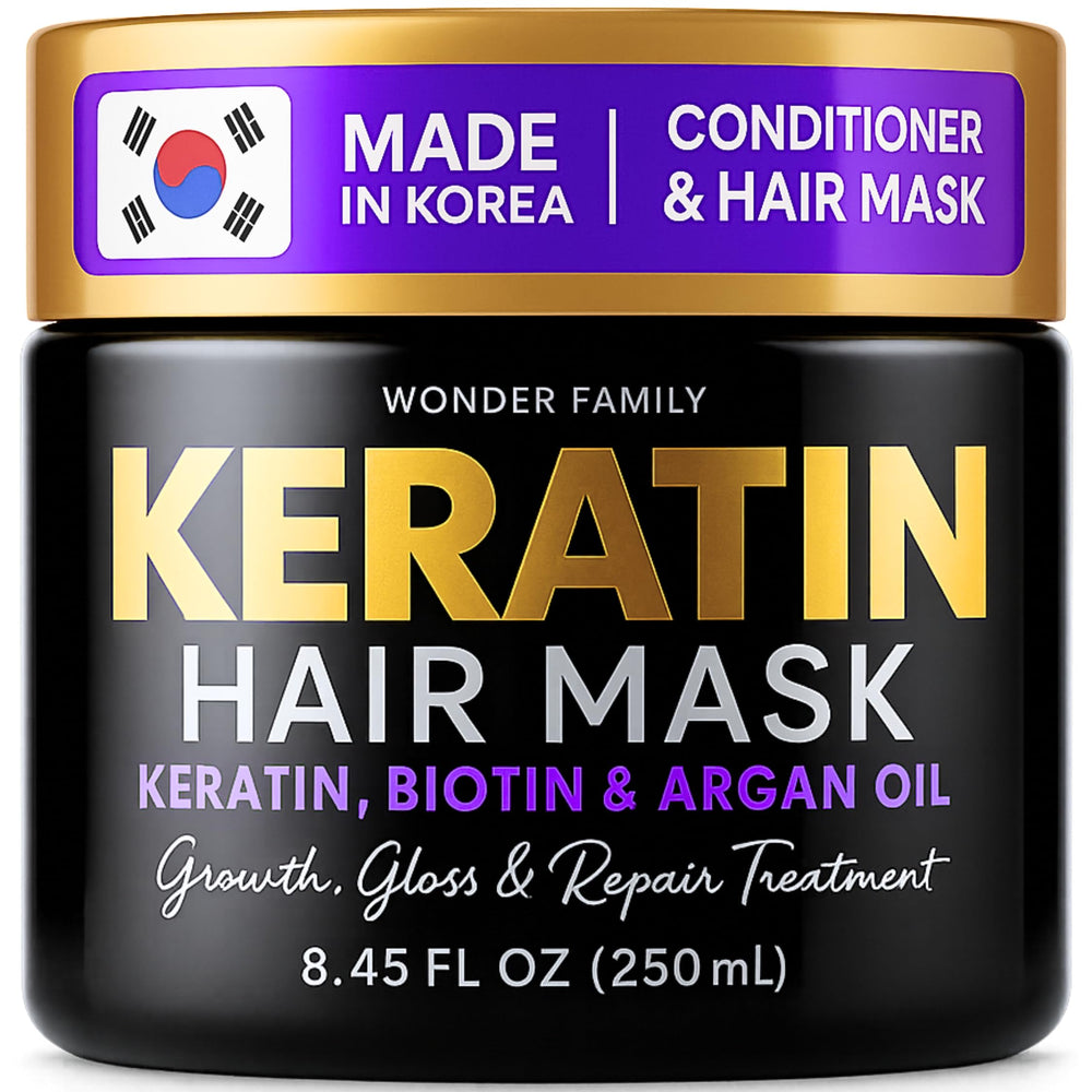 WONDER FAMILY Keratin Mask bottle demonstrates deep conditioning for damaged hair.