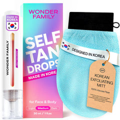 Wonder Family self-tanning drops kit bottle and mitt for even color