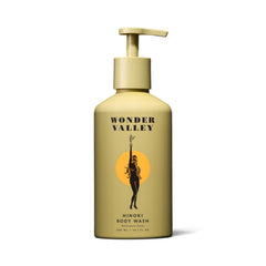 Wonder Valley Hinoki Body Wash bottle on shelf for daily cleansing.