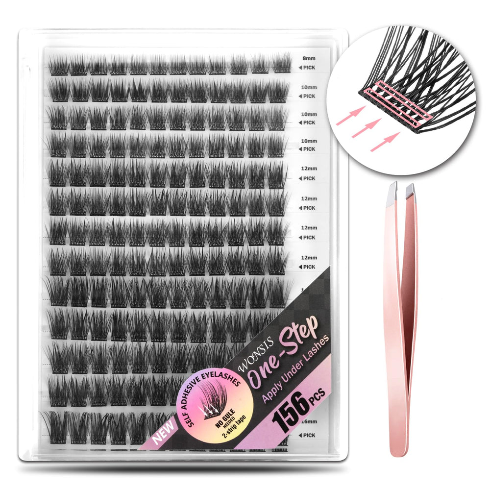 WONSIS self-adhesive eyelashes bundle with 156 clusters for versatile looks.