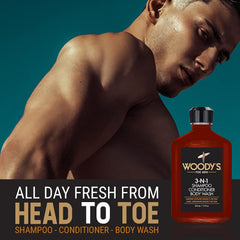 Woody's daily-use bottle provides gentle cleansing for hair and skin