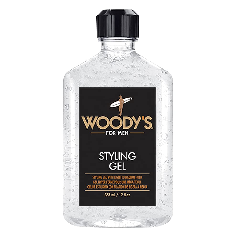 Woody's Styling Gel bottle front showing alcohol-free formula for daily styling.