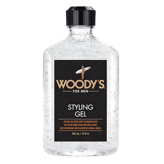 Woody's Styling Gel bottle front showing alcohol-free formula for daily styling.