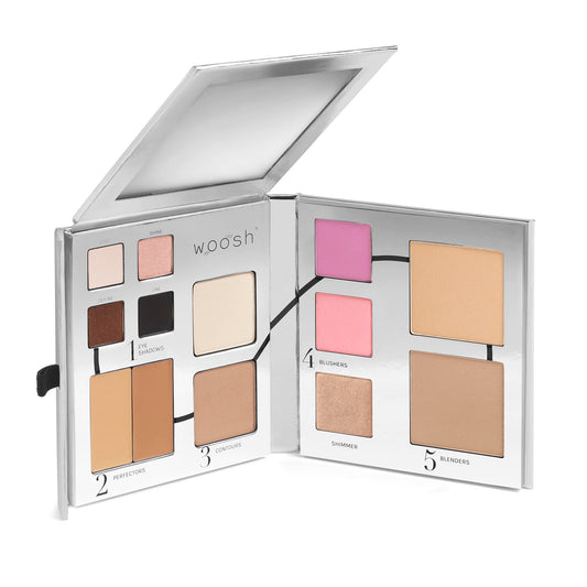 Woosh Beauty Fold Out Face Palette open with 13 items for on-the-go makeup