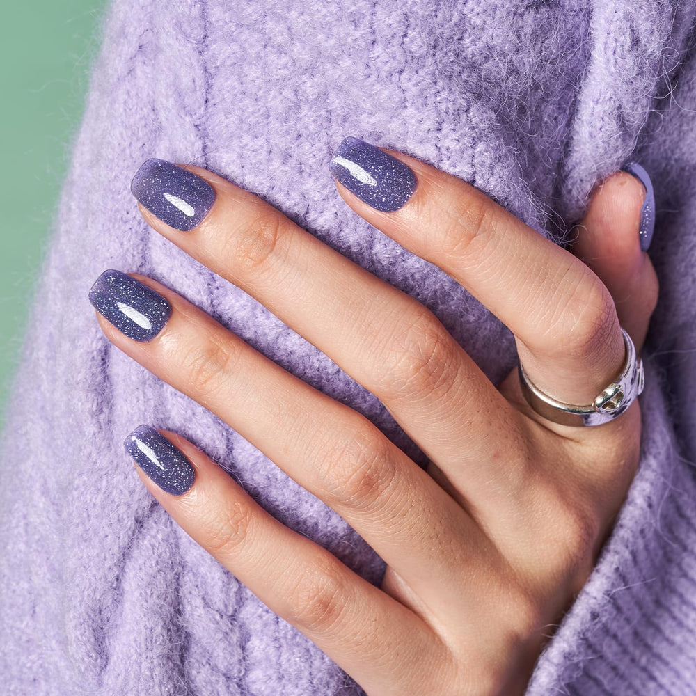WOOYAS extra-short purple glitter square nails for quick at-home glam.
