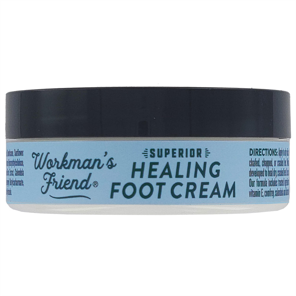 Close-up of WORKMAN'S FRIEND foot cream texture showing thick, hydrating formula.