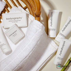 World Amenities Bodyography Blanc luxe display in boutique hotel spaces